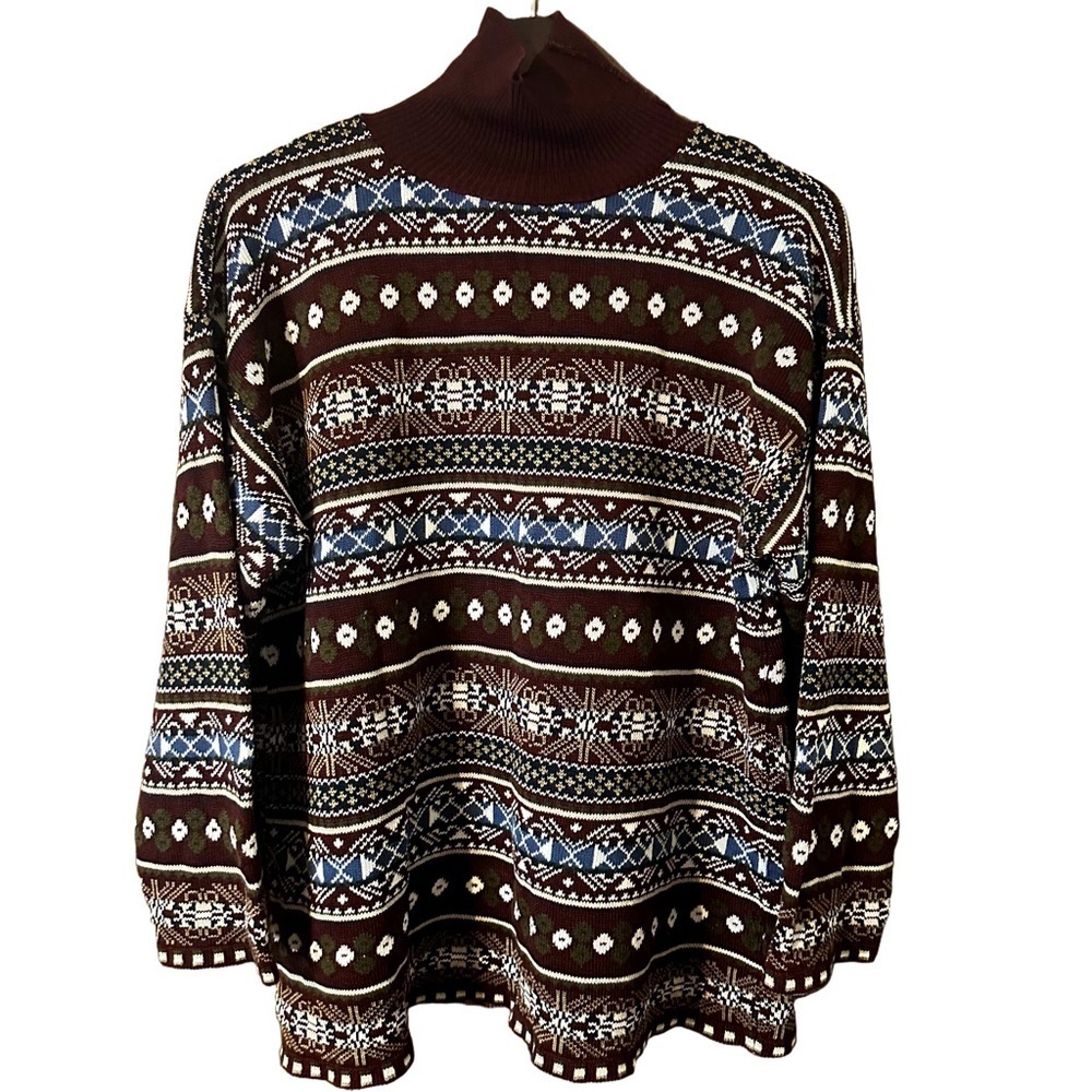 Vintage Next Issue Women’s Maroon White Black Cowl Neck Sweater XL Cottagecore
